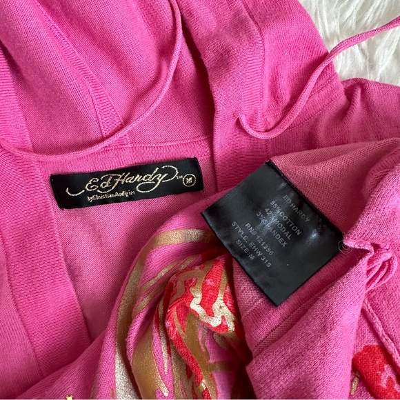 Ed Hardy Hooded tunic top pink tattoo Phoenix jersey knit 3/4 sleeves - Picture 14 of 17